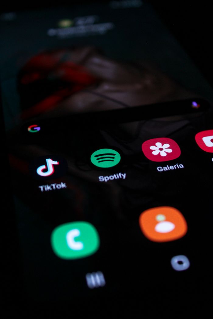 home-services-004 Vertical shot of a smartphone screen showing popular app icons like TikTok and Spotify.